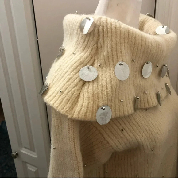 Spree International Cream Silver Disc Detailed Turtleneck Vintage Sweater Small - Picture 6 of 6